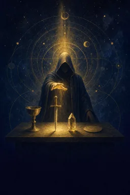 Hooded figure raises a hand above a table with a chalice, sword, crystal and engraved disc, illuminated by calm golden light against a dark navy background.